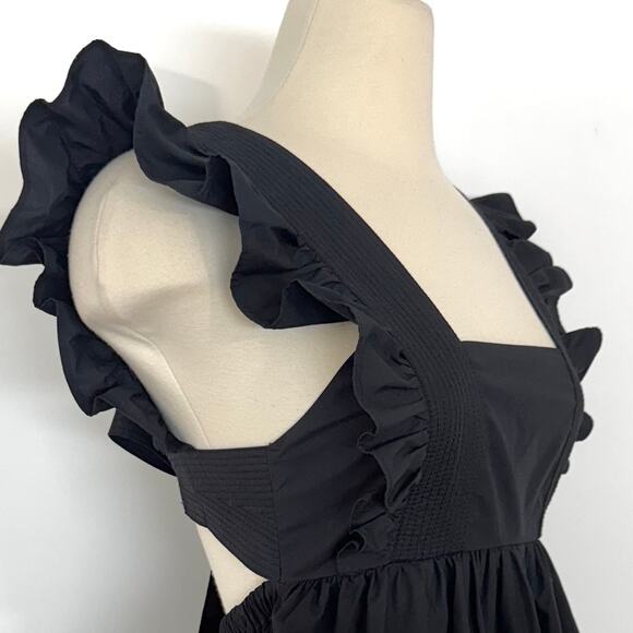 Self-Portrait Square-Neck Ruffled Top Open Tie Back Cotton-Poplin Black US0 NWT - Picture 6 of 10